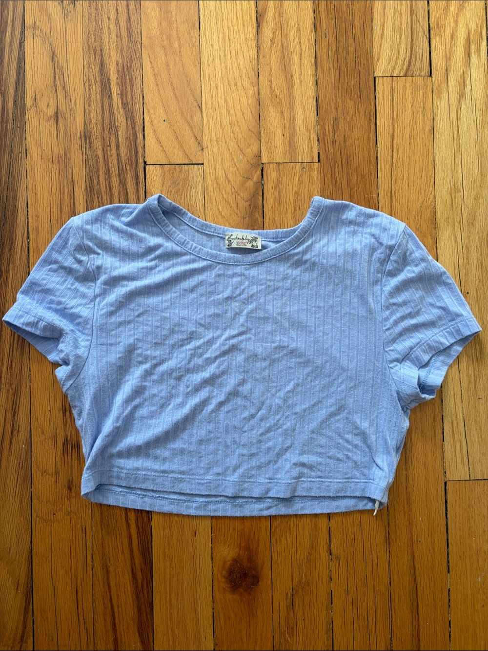 Light Blue Ribbed Crop Tee - Casual Short Sleeve